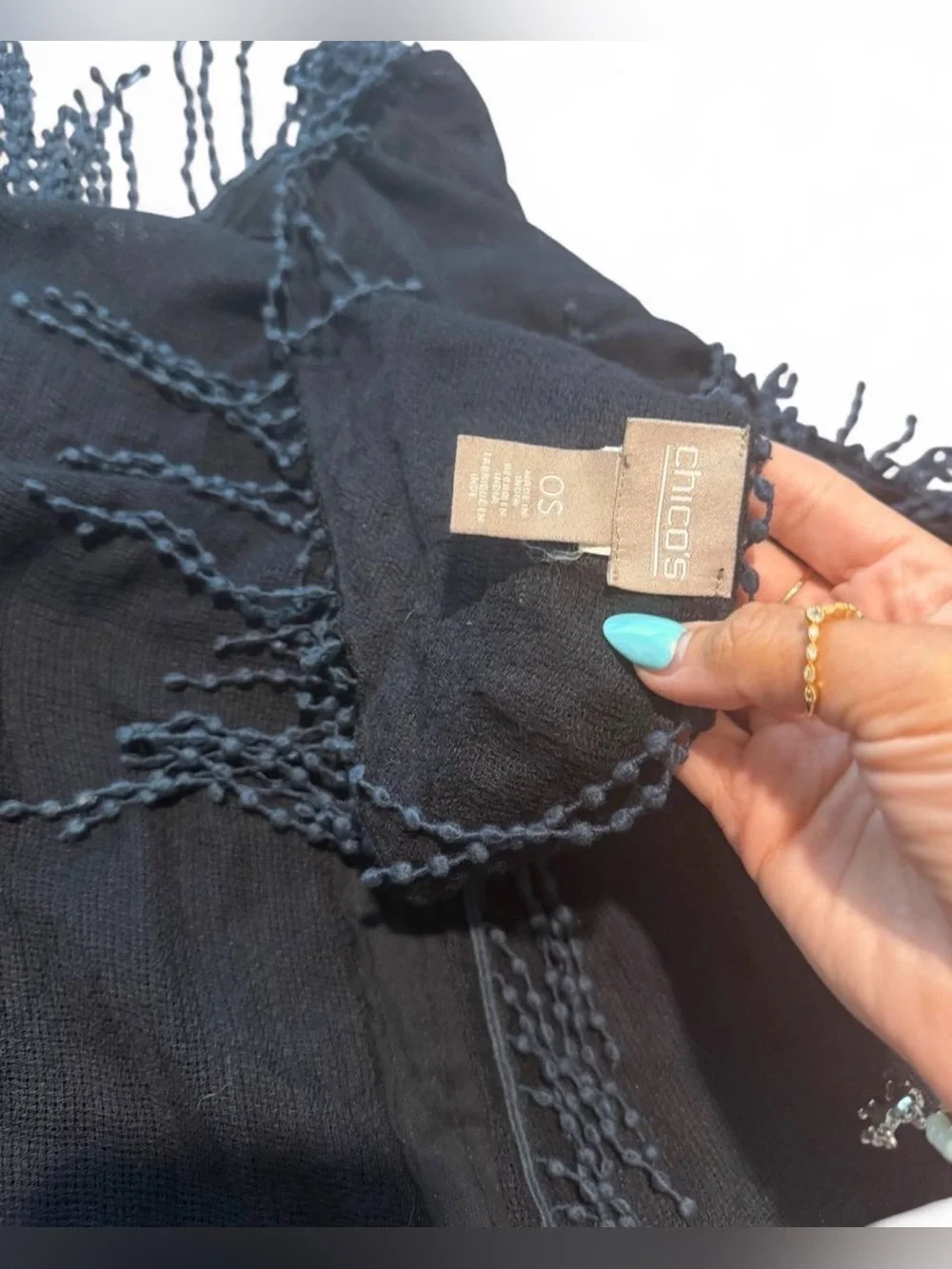 Chico's Black Fringe Open Knit Scarf